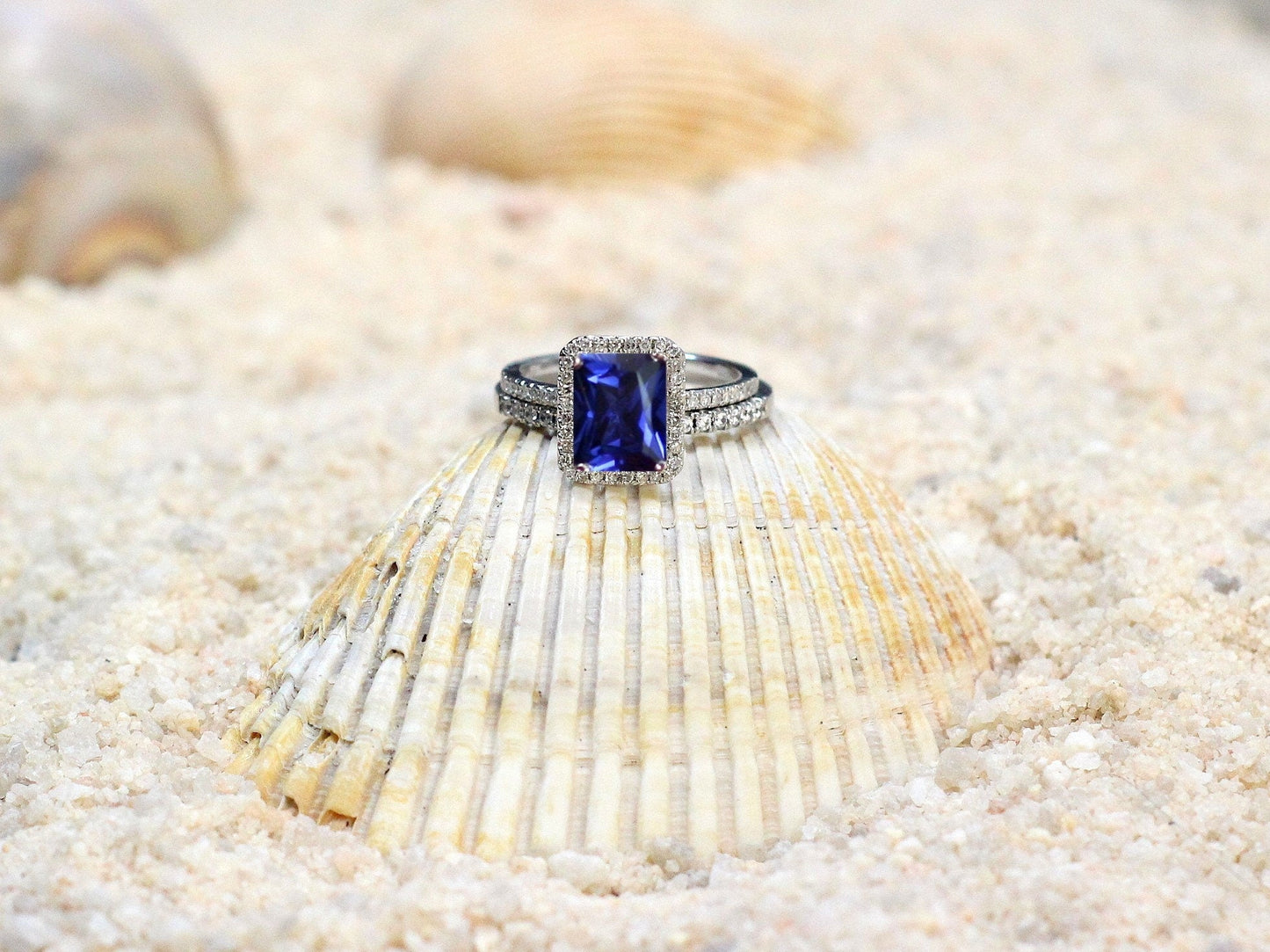 Blue Sapphire Engagement Ring Set,Emerald Halo Ring,Engagement Ring Set,Wedding Band Set,Ione,2ct Ring,White-Yellow-Rose Gold-Platinum BellaMoreDesign.com