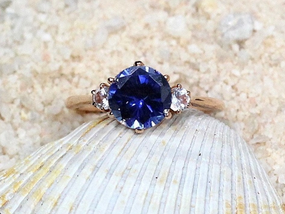 Blue Sapphire & Moissanite 3 Gem Stone Round Engagement Ring Cupid 2cts 8mm Custom Size White-Yellow-Rose Gold-10k-14k-18k-Platinum BellaMoreDesign.com