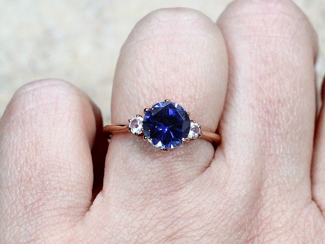 Blue Sapphire & Moissanite 3 Gem Stone Round Engagement Ring Cupid 2cts 8mm Custom Size White-Yellow-Rose Gold-10k-14k-18k-Platinum BellaMoreDesign.com