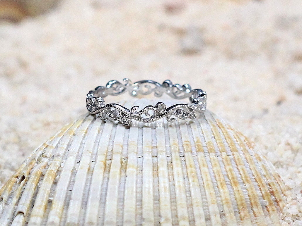 Diamond Wedding Band Engagement Ring with Swirl & Milgrain Beading Edge Rheia Custom Size White-Yellow-Rose Gold-10k-14k-18k-Platinum BellaMoreDesign.com