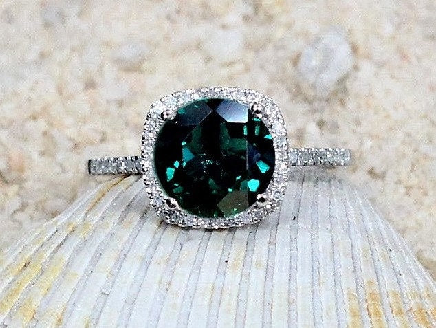 Emerald & Diamonds Engagement Ring Cushion Halo Cuscino Grand 2ct 8mm Custom Size White Yellow Rose Gold 10k 14k 18k Platinum BellaMoreDesign.com