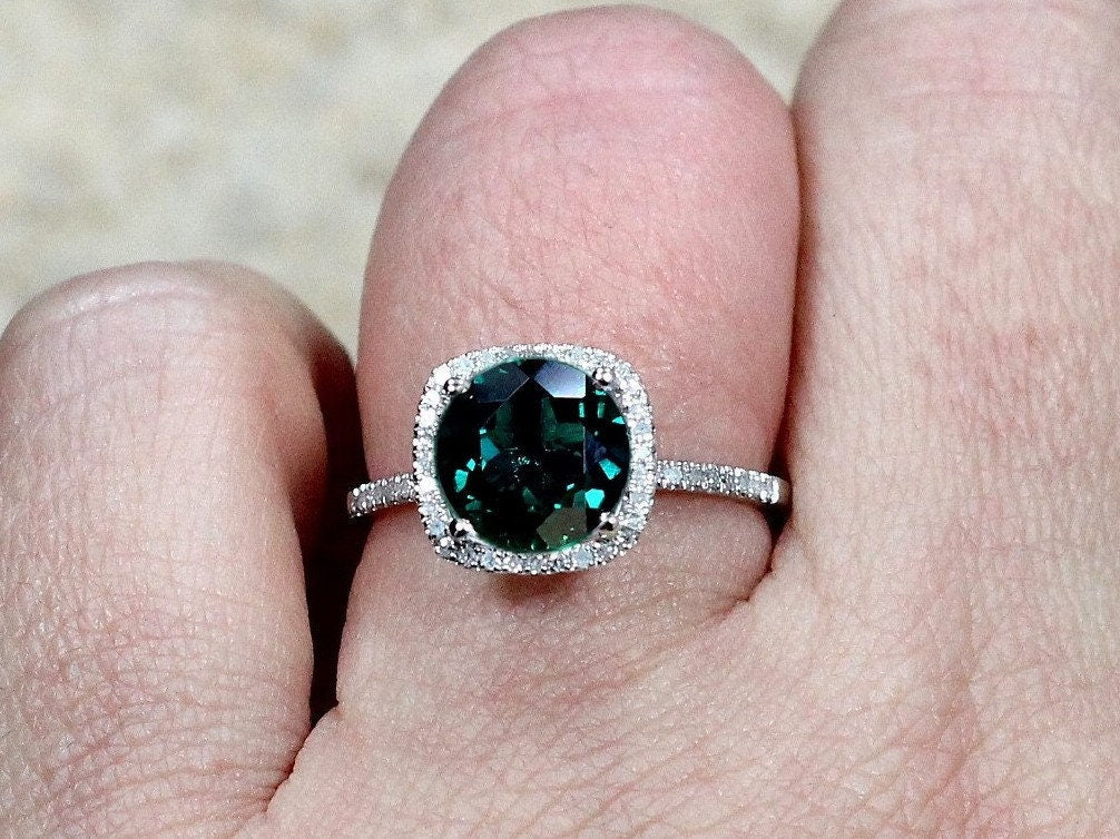 Emerald & Diamonds Engagement Ring Cushion Halo Cuscino Grand 2ct 8mm Custom Size White Yellow Rose Gold 10k 14k 18k Platinum BellaMoreDesign.com
