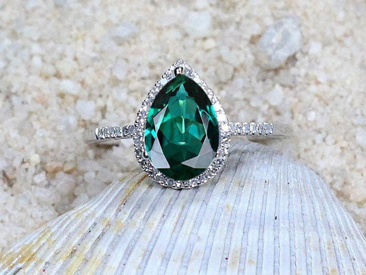 Emerald & Diamonds Engagement Ring Pear Halo drop Cut Goccia Grand 2.5ct 10x7mm Custom Siz White-Yellow-Rose Gold-10k-14k-18k-Platinum BellaMoreDesign.com