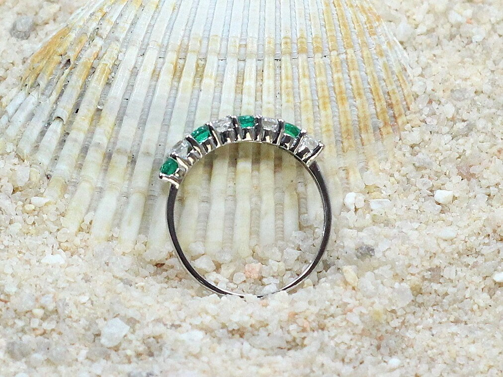 Emerald & White Sapphire Engagement Ring Band Half Eternity Round Stackable Morpheus Custom White-Yellow-Rose Gold-10k-14k-18k-Platinum BellaMoreDesign.com