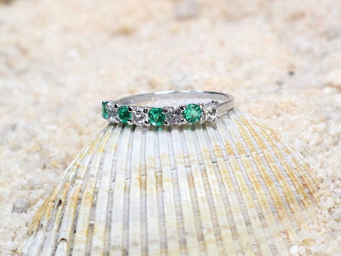 Emerald & White Sapphire Engagement Ring Band Half Eternity Round Stackable Morpheus Custom White-Yellow-Rose Gold-10k-14k-18k-Platinum BellaMoreDesign.com