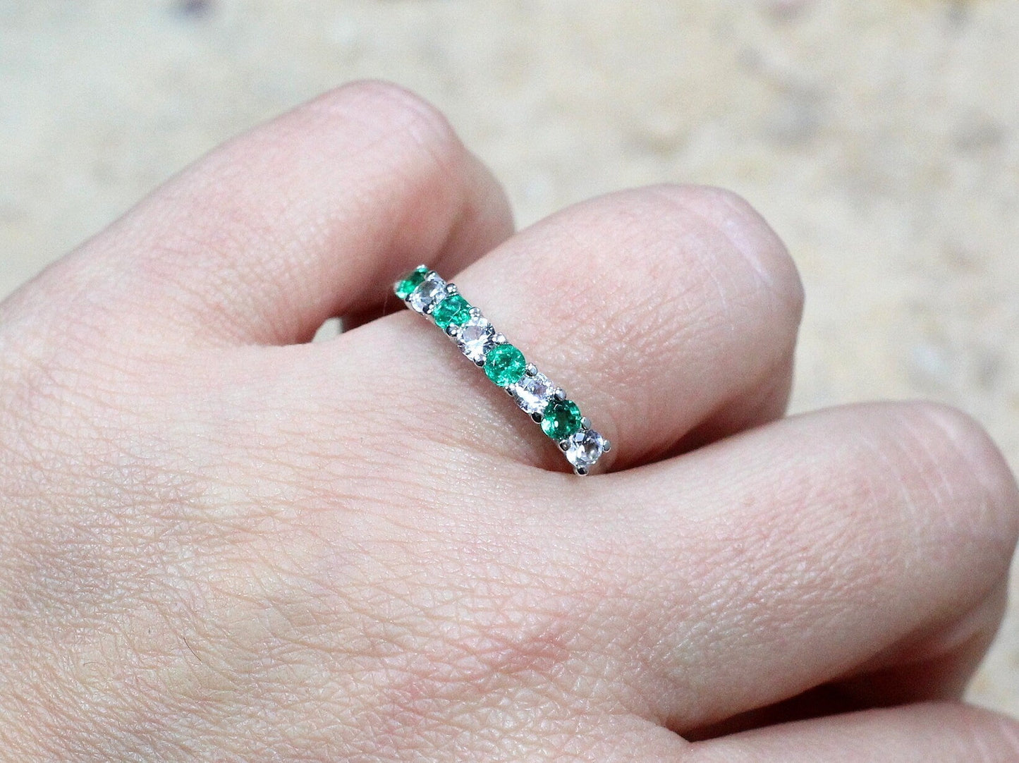 Emerald & White Sapphire Engagement Ring Band Half Eternity Round Stackable Morpheus Custom White-Yellow-Rose Gold-10k-14k-18k-Platinum BellaMoreDesign.com