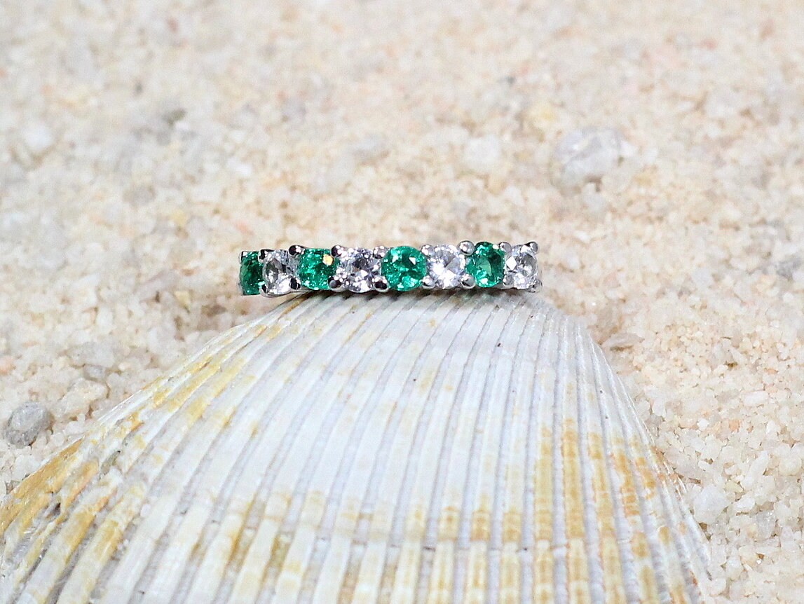 Emerald & White Sapphire Engagement Ring Band Half Eternity Round Stackable Morpheus Custom White-Yellow-Rose Gold-10k-14k-18k-Platinum BellaMoreDesign.com