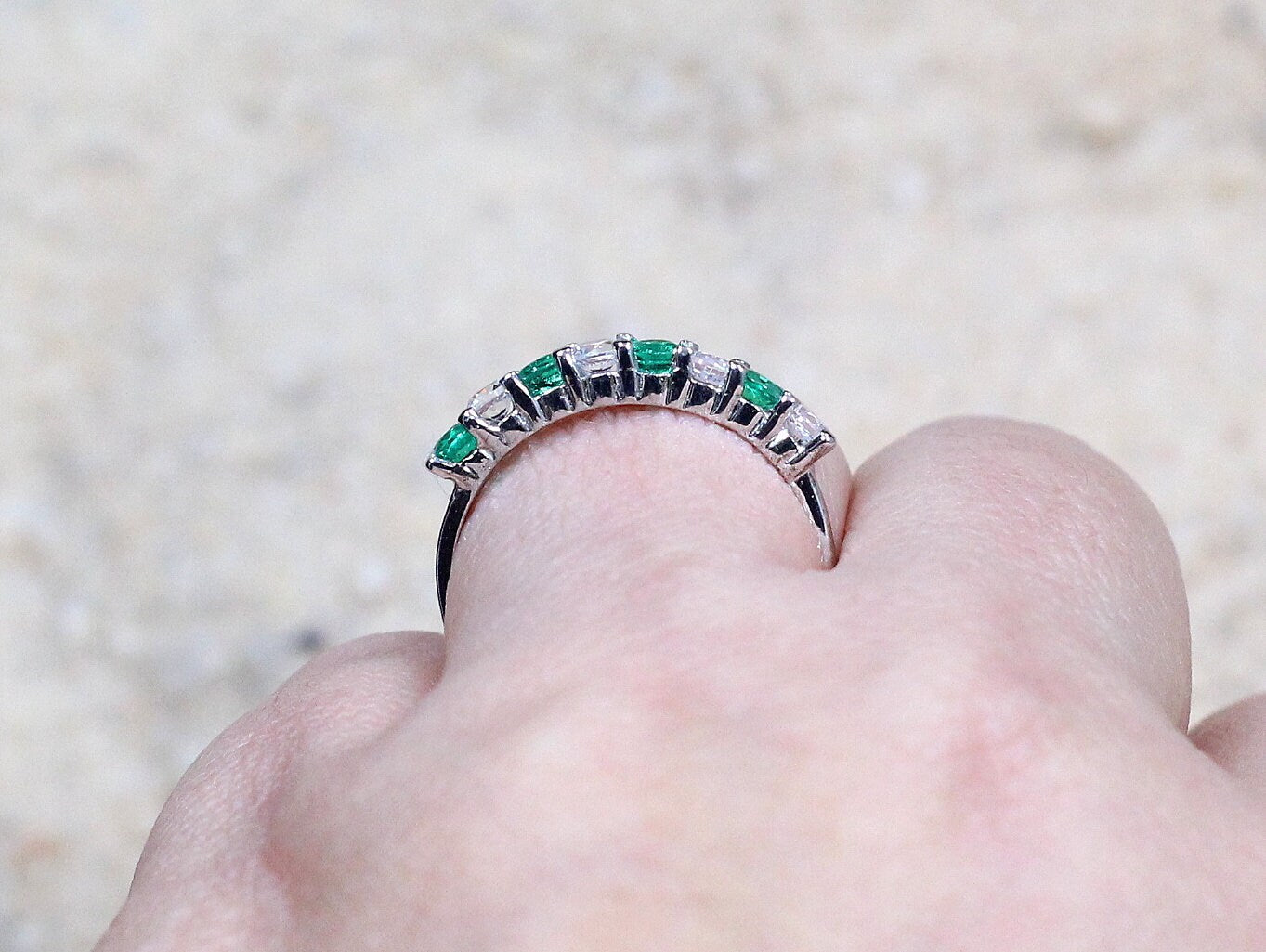 Emerald & White Sapphire Engagement Ring Band Half Eternity Round Stackable Morpheus Custom White-Yellow-Rose Gold-10k-14k-18k-Platinum BellaMoreDesign.com