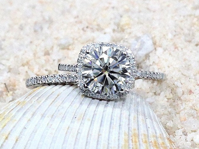Forever One Moissanite & Diamonds Cushion Halo Engagement Ring Wedding Band Set Cuscino 2.4ct 8mm Custom White Yellow Rose Gold 14k Platinum BellaMoreDesign.com