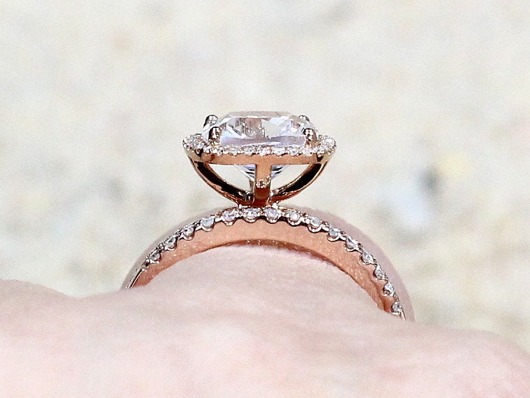 Forever One Moissanite & Diamonds Cushion Halo Engagement Ring Wedding Band Set Cuscino 2.4ct 8mm Custom White Yellow Rose Gold 14k Platinum BellaMoreDesign.com