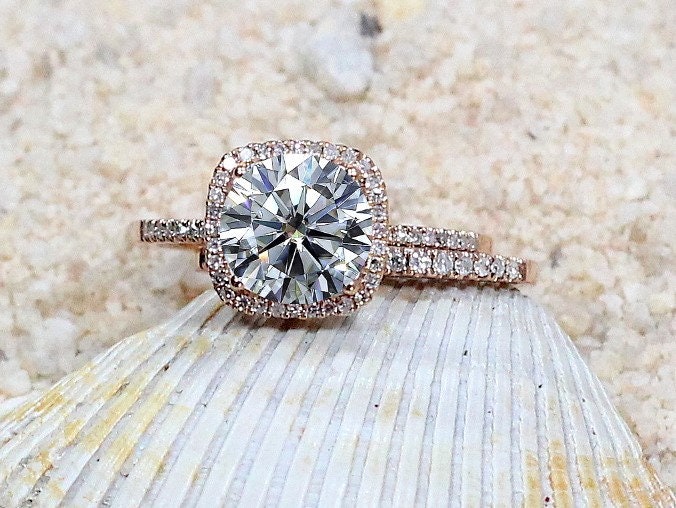Forever One Moissanite & Diamonds Cushion Halo Engagement Ring Wedding Band Set Cuscino 2.4ct 8mm Custom White Yellow Rose Gold 14k Platinum BellaMoreDesign.com