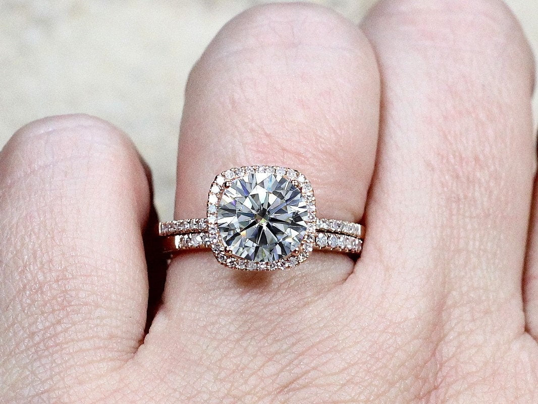 Forever One Moissanite & Diamonds Cushion Halo Engagement Ring Wedding Band Set Cuscino 2.4ct 8mm Custom White Yellow Rose Gold 14k Platinum BellaMoreDesign.com