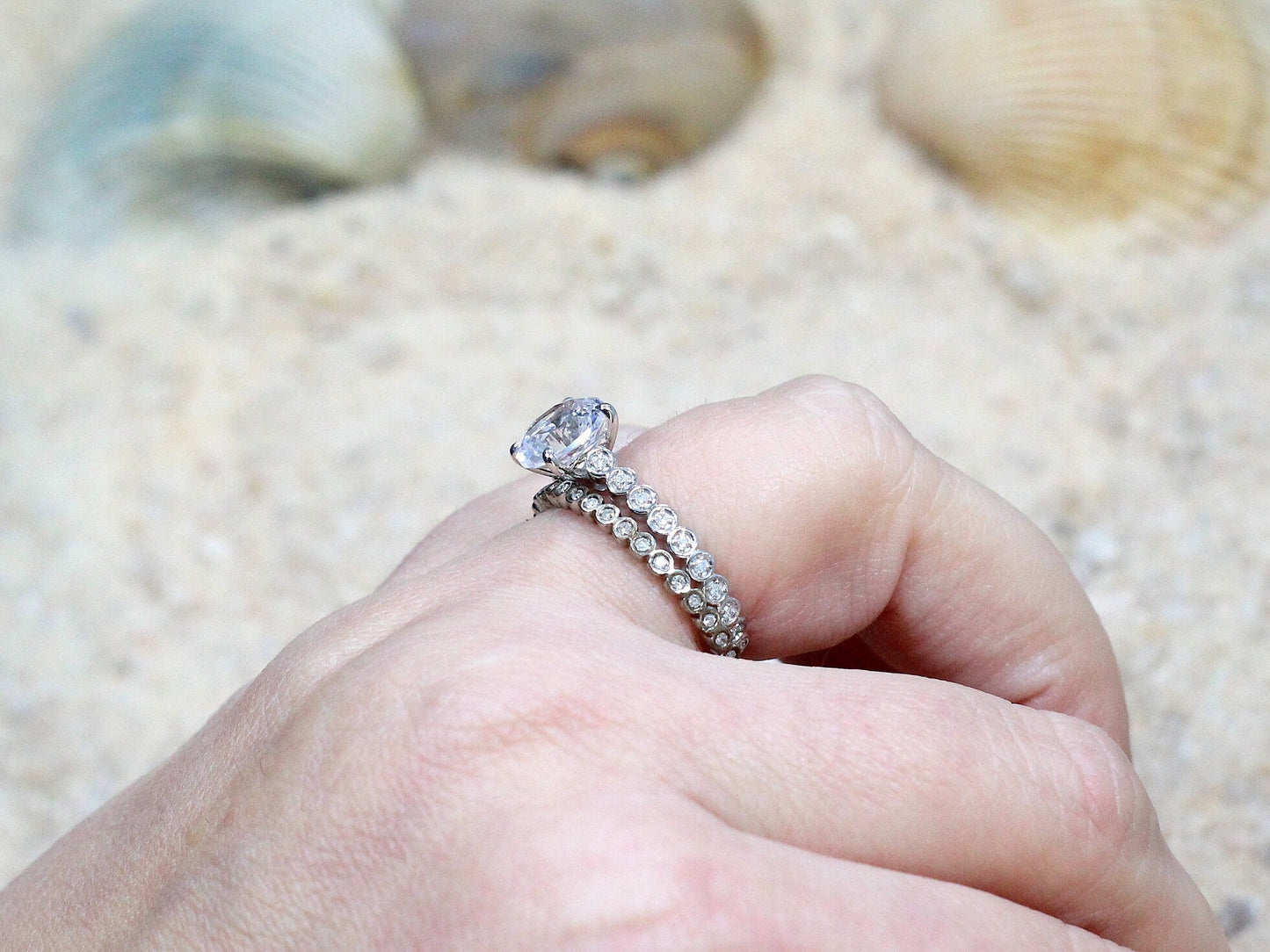 Forever One Moissanite Engagement Ring, Diamond Band, wedding band Set, round bezel, Ferarelle, 2ct, 8mm, Gold, Gift For Her BellaMoreDesign.com