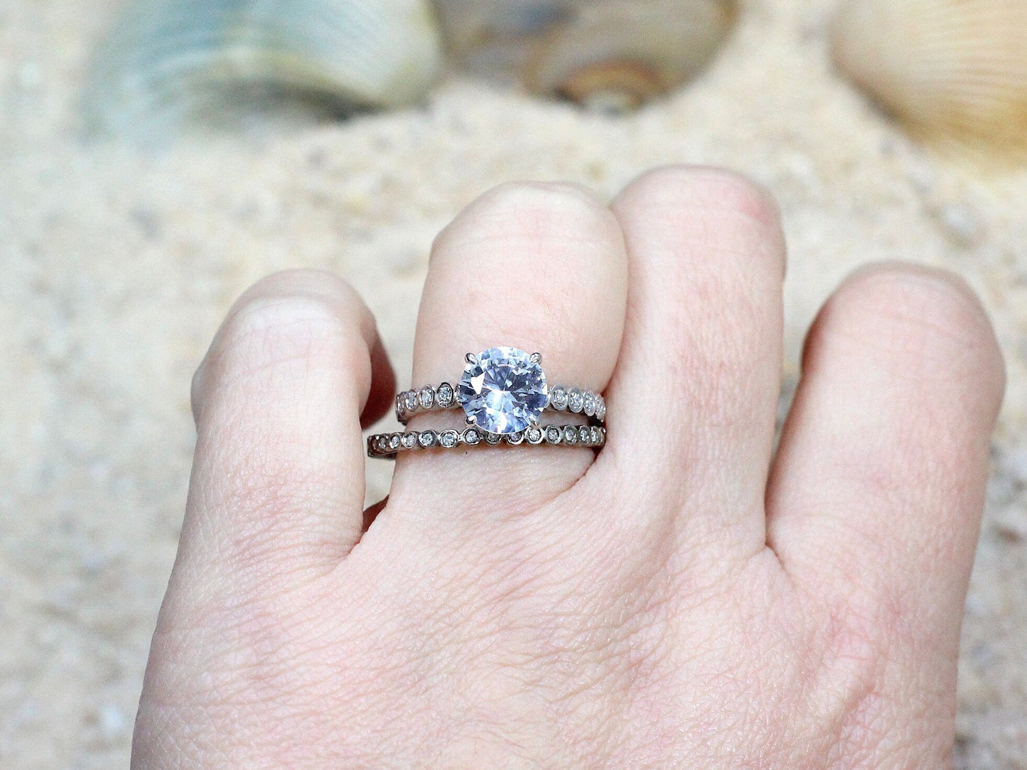 Forever One Moissanite Engagement Ring, Diamond Band, wedding band Set, round bezel, Ferarelle, 2ct, 8mm, Gold, Gift For Her BellaMoreDesign.com