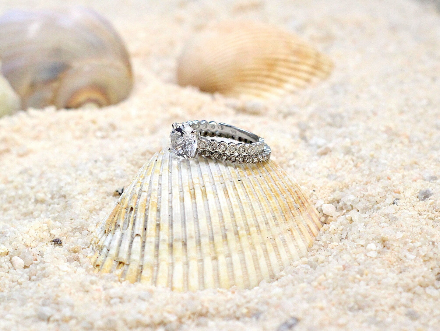 Forever One Moissanite Engagement Ring, Diamond Band, wedding band Set, round bezel, Ferarelle, 2ct, 8mm, Gold, Gift For Her BellaMoreDesign.com