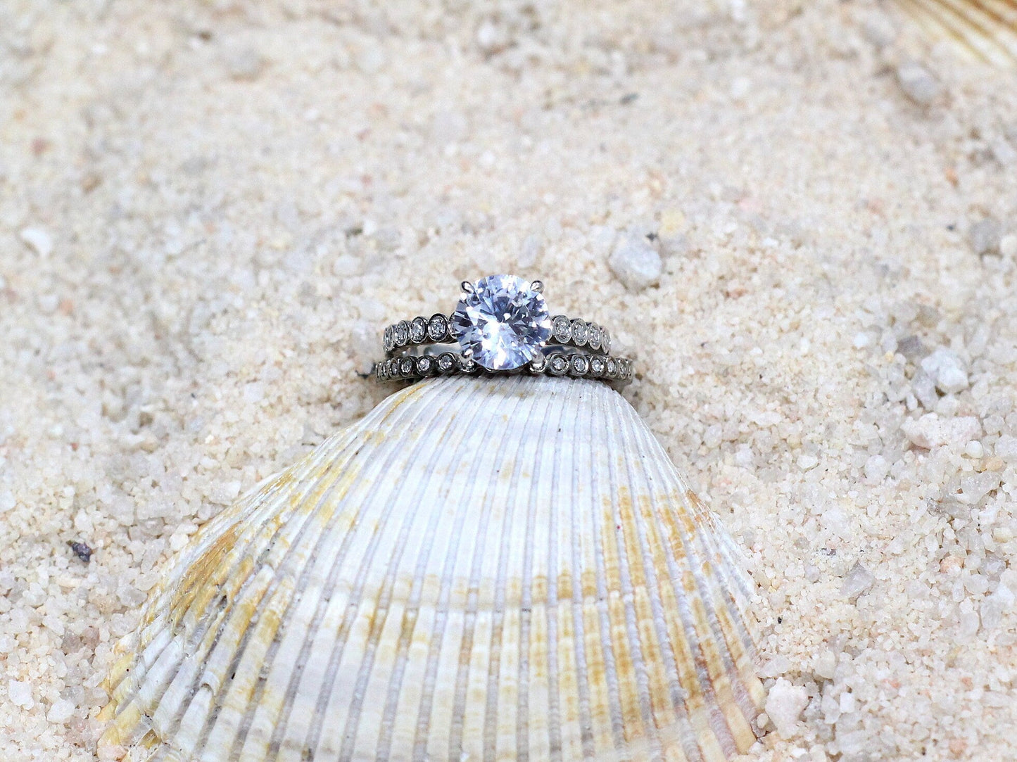 Forever One Moissanite Engagement Ring, Diamond Band, wedding band Set, round bezel, Ferarelle, 2ct, 8mm, Gold, Gift For Her BellaMoreDesign.com