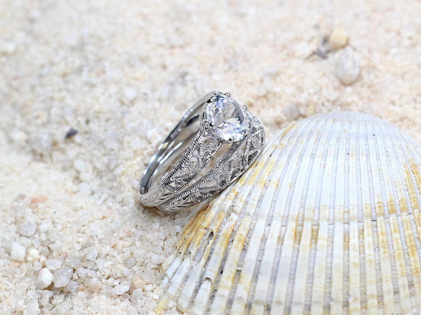 Forever One Moissanite Engagement Ring Set,Antique Ring Set,Vintage Ring Set,Filigree Ring,Wedding Band Set,Polymnia,2ct Ring,Gold Ring BellaMoreDesign.com