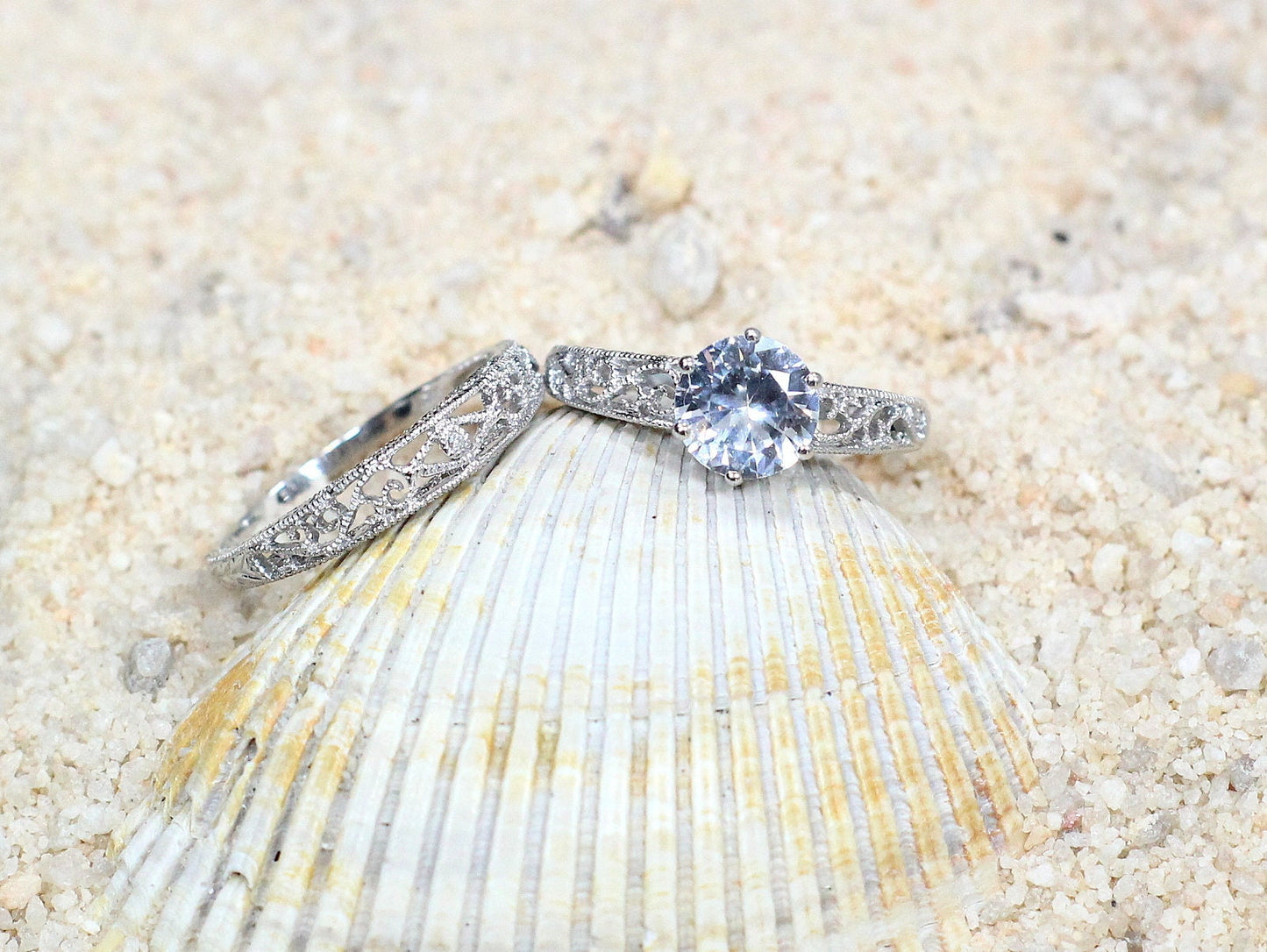 Forever One Moissanite Engagement Ring Set,Antique Ring Set,Vintage Ring Set,Filigree Ring,Wedding Band Set,Polymnia,2ct Ring,Gold Ring BellaMoreDesign.com