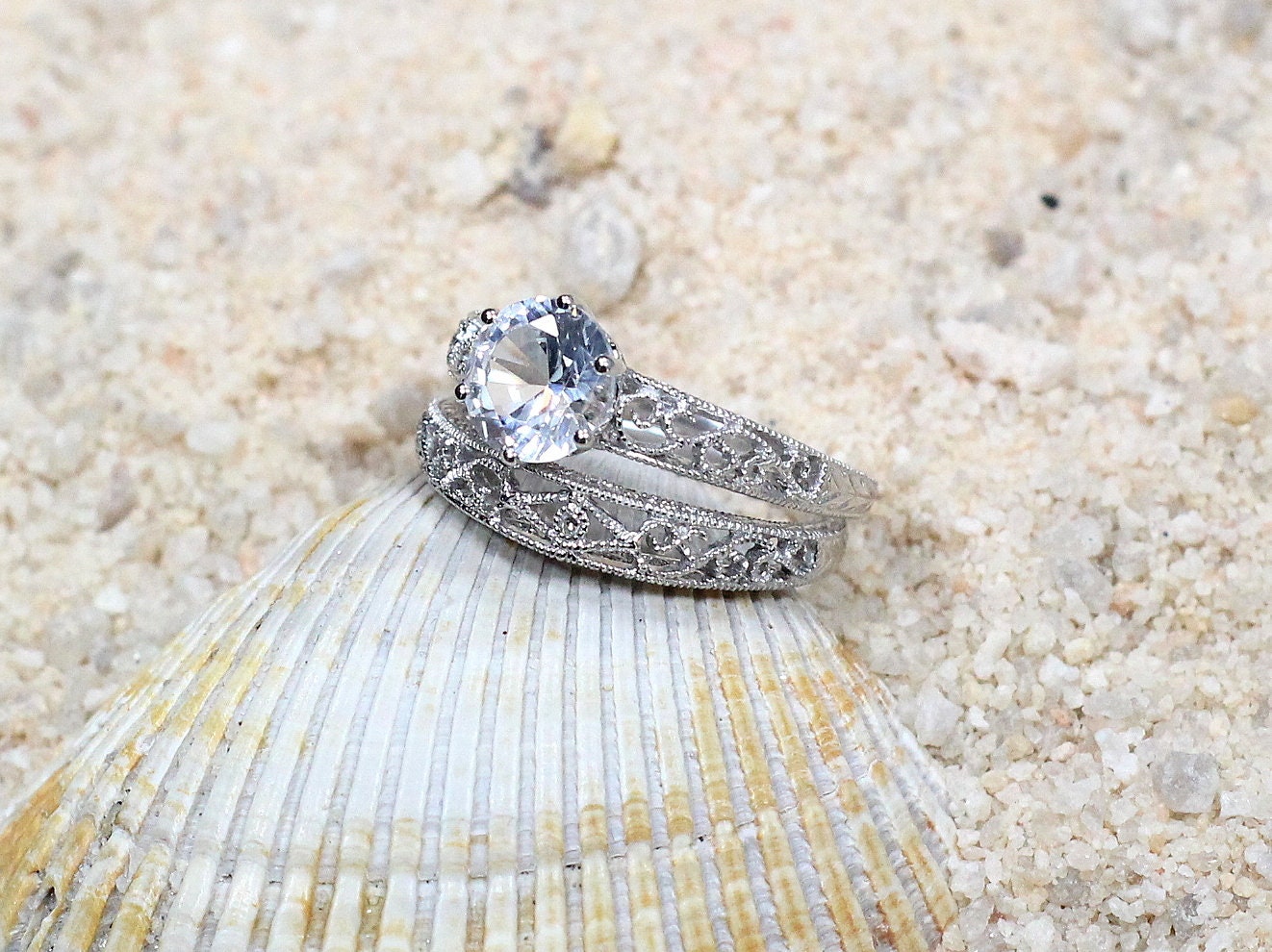 Forever One Moissanite Engagement Ring Set,Antique Ring Set,Vintage Ring Set,Filigree Ring,Wedding Band Set,Polymnia,2ct Ring,Gold Ring BellaMoreDesign.com