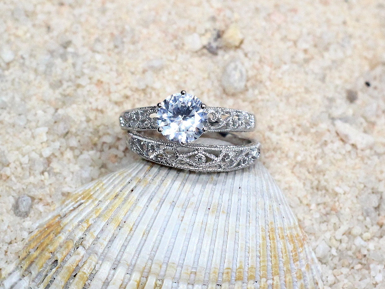 Forever One Moissanite Engagement Ring Set,Antique Ring Set,Vintage Ring Set,Filigree Ring,Wedding Band Set,Polymnia,2ct Ring,Gold Ring BellaMoreDesign.com