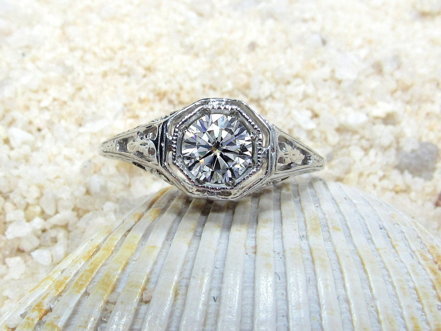 Forever One Moissanite Engagement Ring, Vintage, Antique, Filigree, Kassandra BellaMoreDesign.com