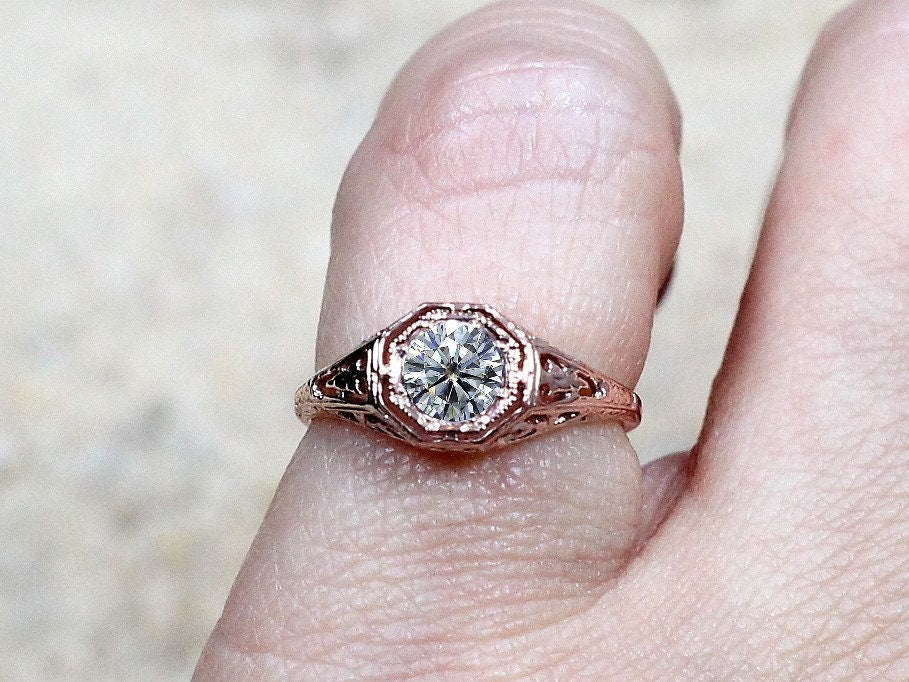 Forever One Moissanite Engagement Ring, Vintage, Antique, Filigree, Kassandra BellaMoreDesign.com