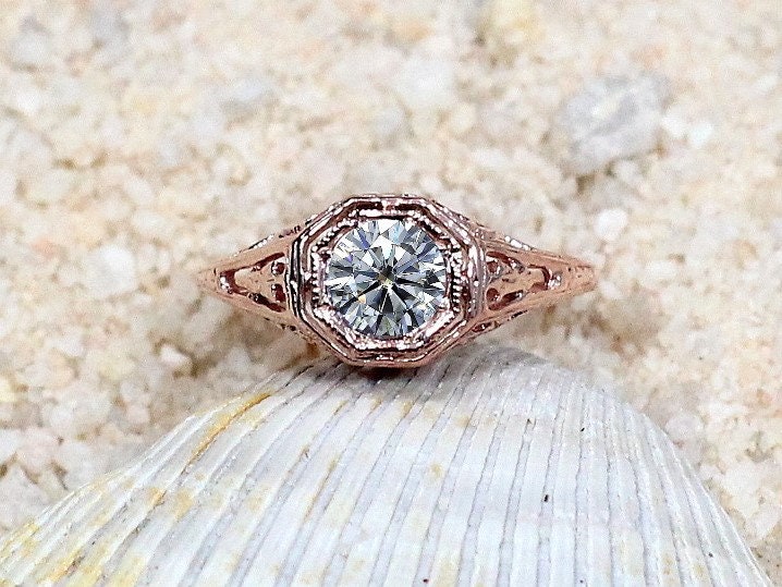 Forever One Moissanite Engagement Ring, Vintage, Antique, Filigree, Kassandra BellaMoreDesign.com