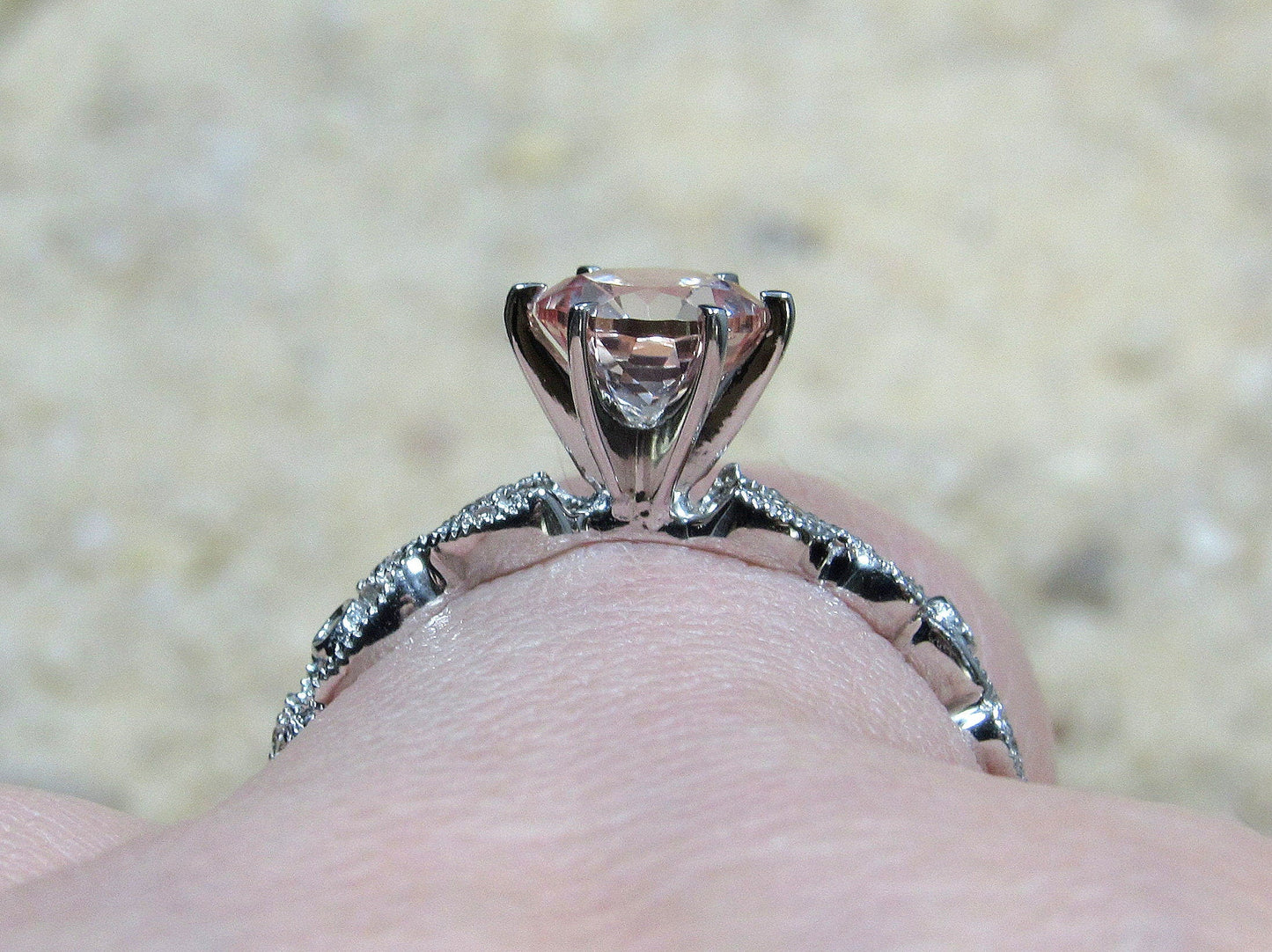 Gray Moissanite Diamond Engagement Ring, Leaf Milgrain Beaded Edge Round Gaia 1ct 6mm Custom White-Yellow-Rose Gold-10k-14k-18k-Platinum BellaMoreDesign.com