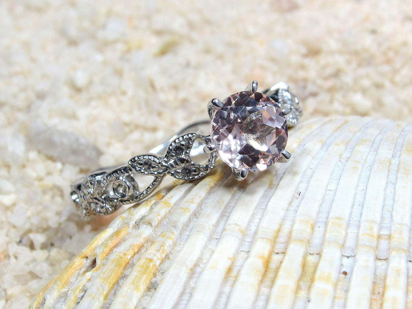 Gray Moissanite Diamond Engagement Ring, Leaf Milgrain Beaded Edge Round Gaia 1ct 6mm Custom White-Yellow-Rose Gold-10k-14k-18k-Platinum BellaMoreDesign.com