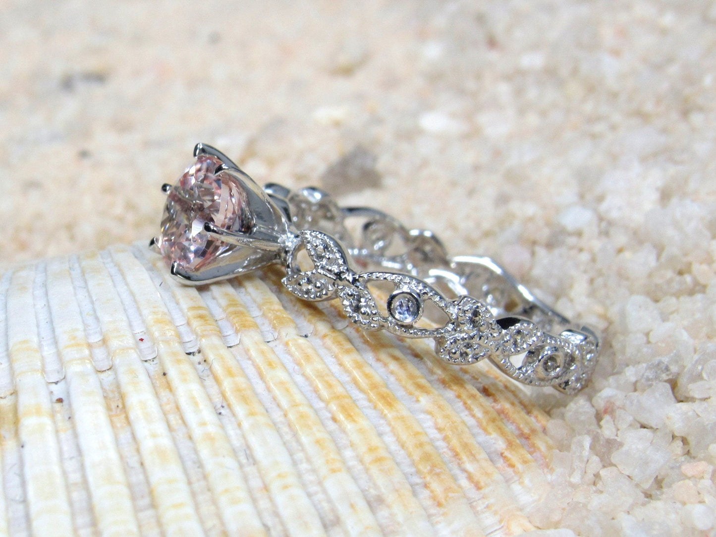 Gray Moissanite Diamond Engagement Ring, Leaf Milgrain Beaded Edge Round Gaia 1ct 6mm Custom White-Yellow-Rose Gold-10k-14k-18k-Platinum BellaMoreDesign.com