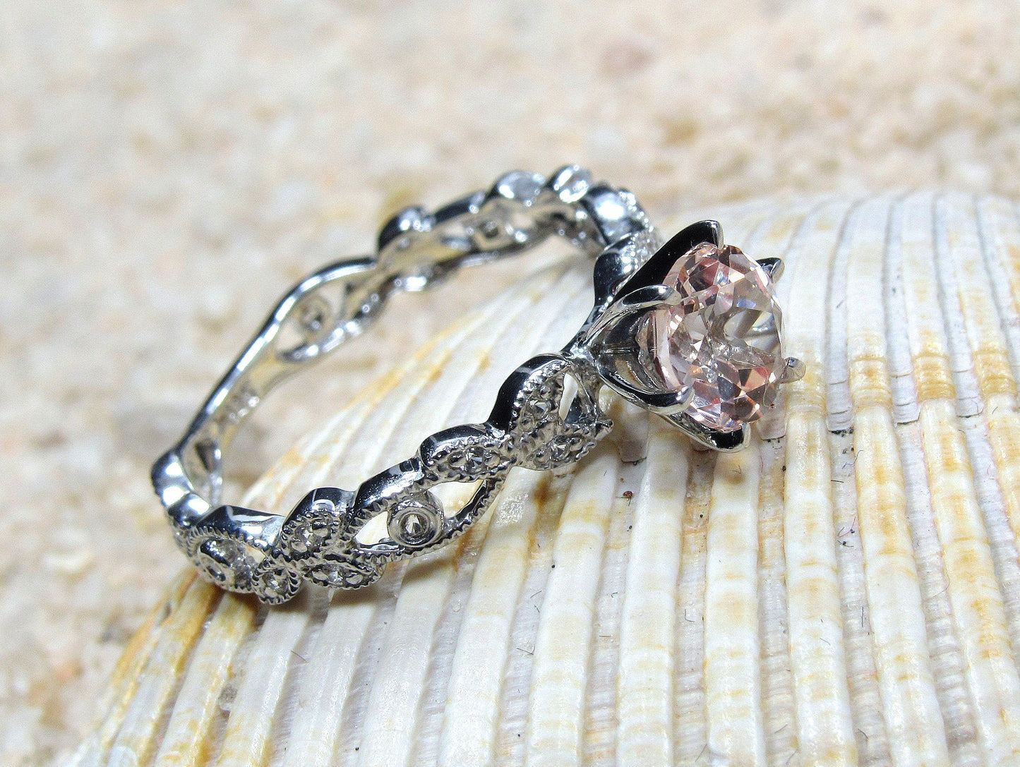 Gray Moissanite Diamond Engagement Ring, Leaf Milgrain Beaded Edge Round Gaia 1ct 6mm Custom White-Yellow-Rose Gold-10k-14k-18k-Platinum BellaMoreDesign.com
