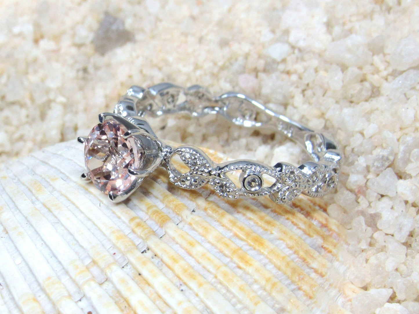 Gray Moissanite Diamond Engagement Ring, Leaf Milgrain Beaded Edge Round Gaia 1ct 6mm Custom White-Yellow-Rose Gold-10k-14k-18k-Platinum BellaMoreDesign.com