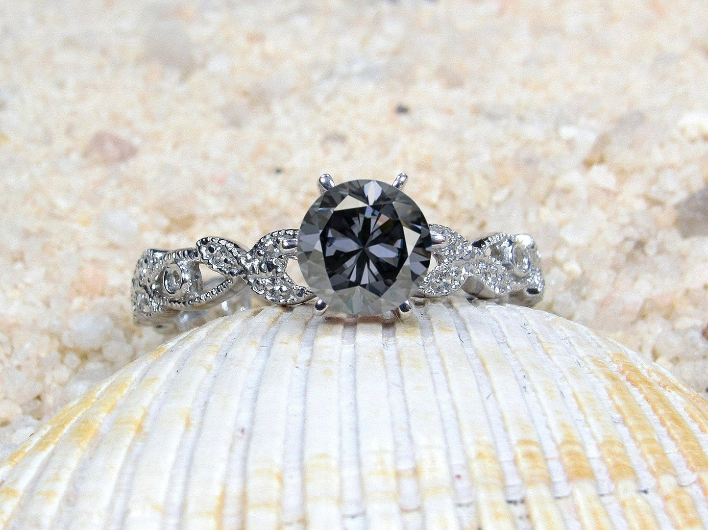 Gray Moissanite Diamond Engagement Ring, Leaf Milgrain Beaded Edge Round Gaia 1ct 6mm Custom White-Yellow-Rose Gold-10k-14k-18k-Platinum BellaMoreDesign.com