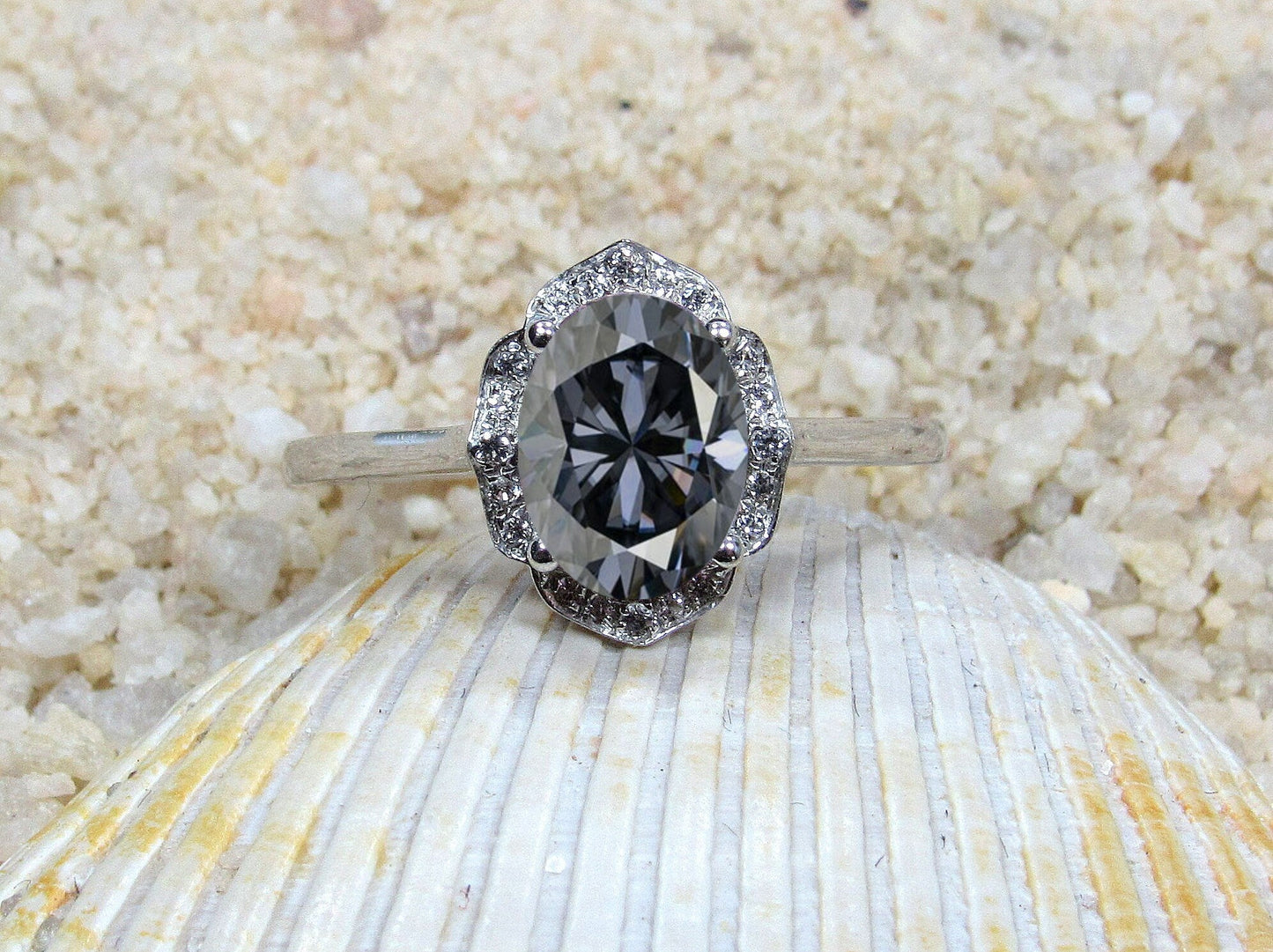 Gray Moissanite Oval Engagement Ring, oval Floral Ring, Sospita, 1.5ct Ring, White-Yellow-Rose Gold-10k-14k-18k-Platinum, 8x6mm Oval BellaMoreDesign.com