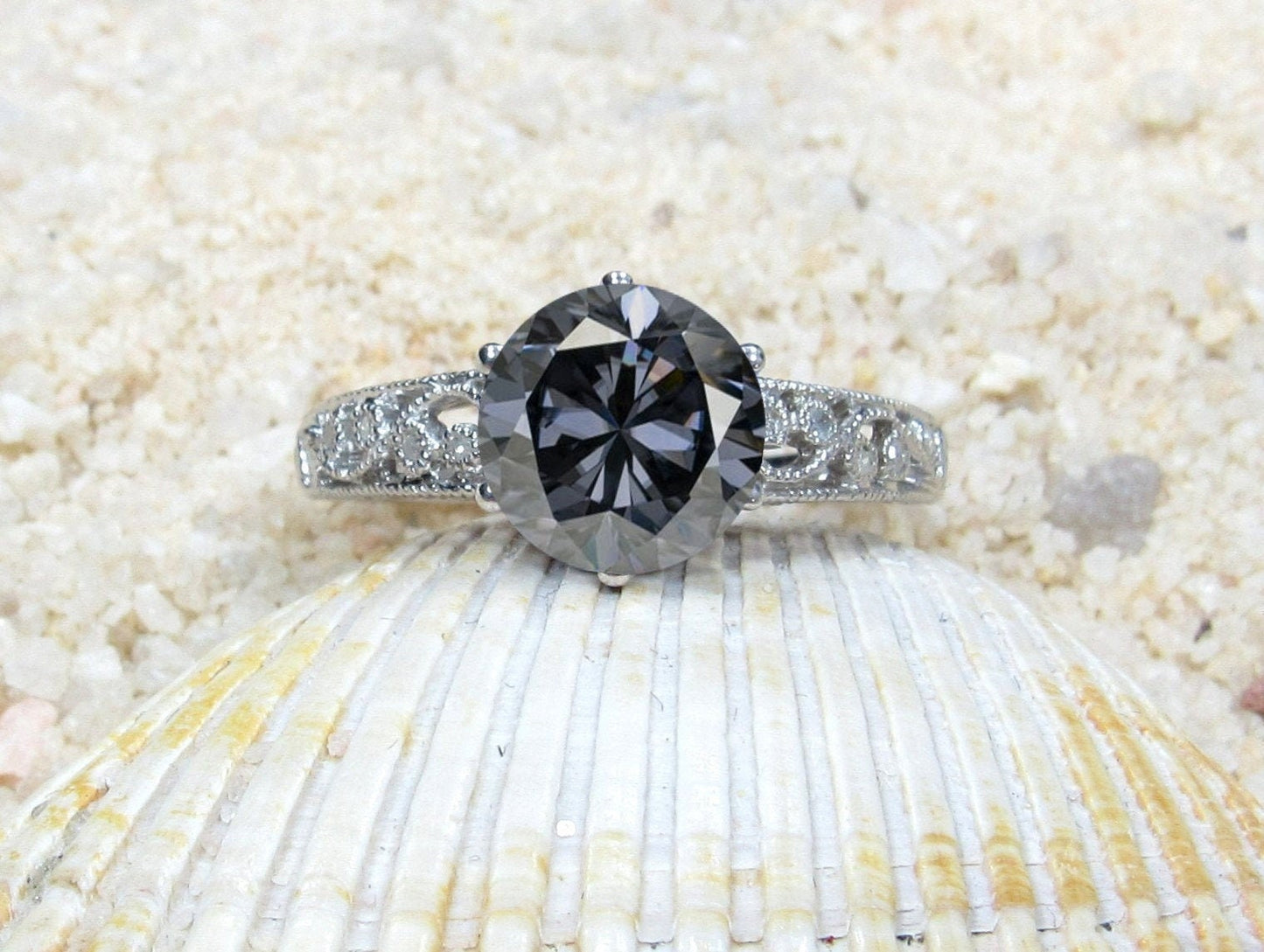 Grey Moissanite Engagement Ring, moissanite Diamond ring, Vintage ring, Antique Filigree ring, Polymnia,Promise Ring,Gift For Her BellaMoreDesign.com