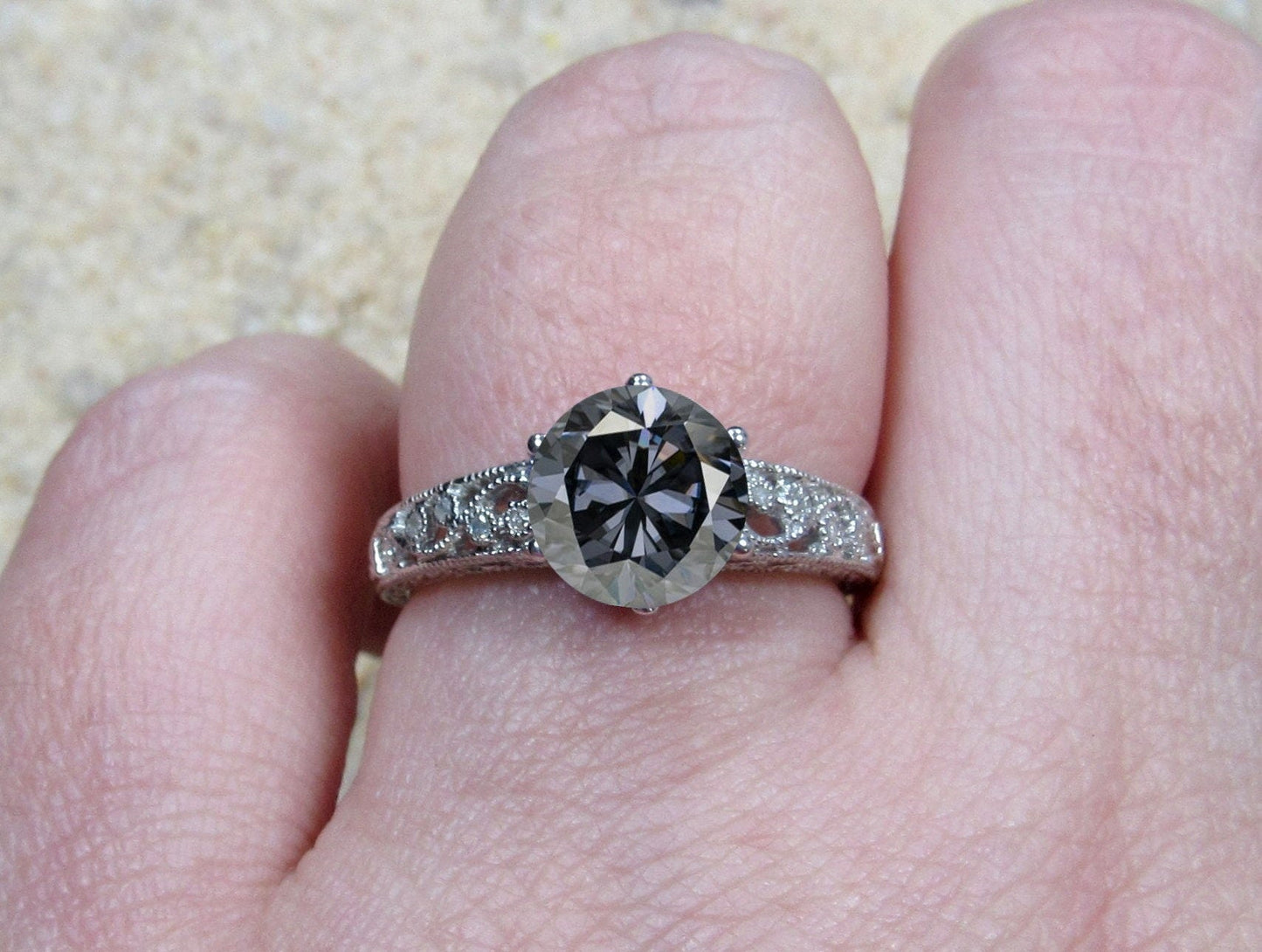 Grey Moissanite Engagement Ring, moissanite Diamond ring, Vintage ring, Antique Filigree ring, Polymnia,Promise Ring,Gift For Her BellaMoreDesign.com