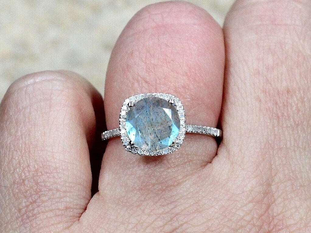 Labradorite & Diamonds Engagement Ring Cushion Halo Cuscino Grand 2ct 8mm Custom Size White Yellow Rose Gold 10k 14k 18k Platinum BellaMoreDesign.com