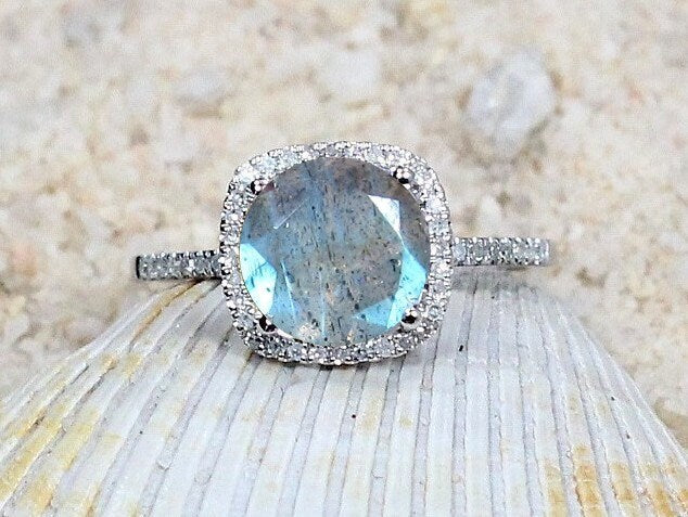 Labradorite & Diamonds Engagement Ring Cushion Halo Cuscino Grand 2ct 8mm Custom Size White Yellow Rose Gold 10k 14k 18k Platinum BellaMoreDesign.com