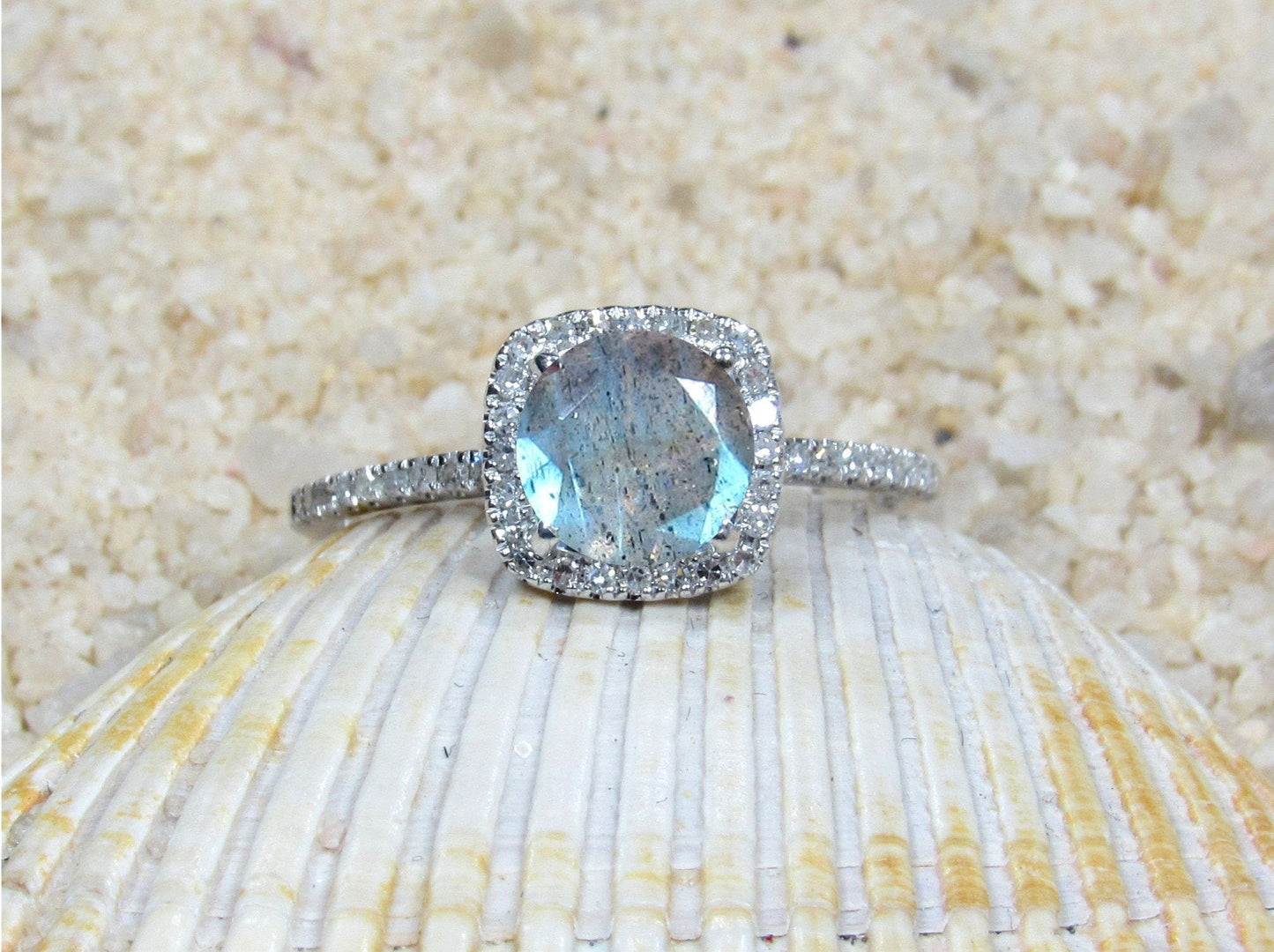 Labradorite & Diamonds Engagement Ring Cushion Halo Cuscino Petite Round cut 1ct 6mm Custom White-Yellow-Rose Gold-10k-14k-18k-Platinum BellaMoreDesign.com