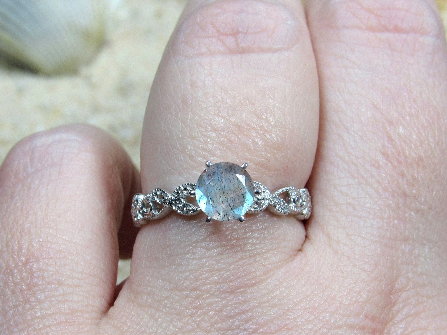 Labradorite & Diamonds Engagement Ring Leaf Milgrain Beaded Edge Round Gaia 1ct 6mm Custom White-Yellow-Rose Gold-10k-14k-18k-Platinum BellaMoreDesign.com
