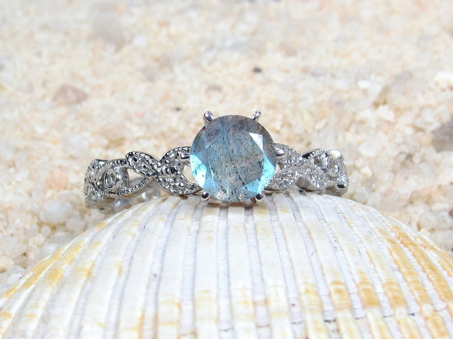 Labradorite & Diamonds Engagement Ring Leaf Milgrain Beaded Edge Round Gaia 1ct 6mm Custom White-Yellow-Rose Gold-10k-14k-18k-Platinum BellaMoreDesign.com
