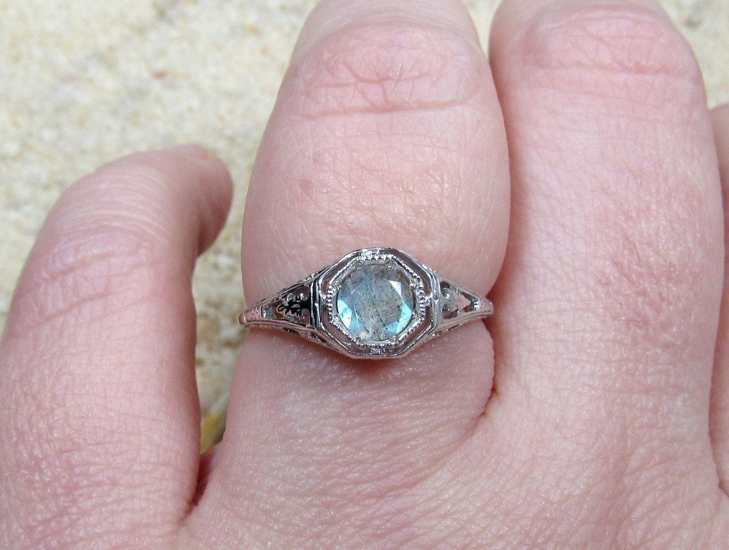 Labradorite Engagement Ring,Antique Ring,Filigree Ring,Kassandra, .75ct 5mm,Sapphire Ring,White Sapphire Ring BellaMoreDesign.com