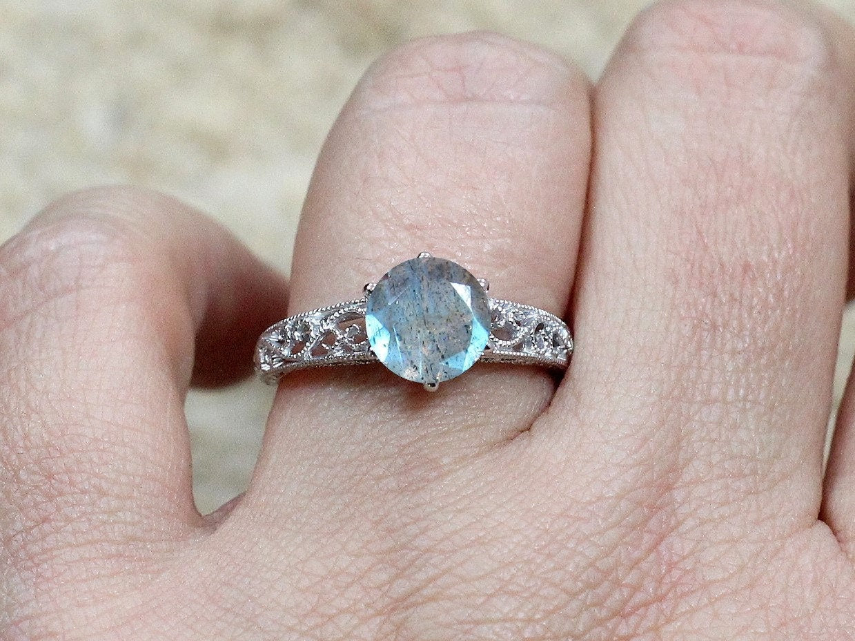 Labradorite Engagement Ring Antique Vintage Filigre Milgrain Polymnia Round 2ct 8mm White-Yellow-Rose Gold-10k-14k-18k-Platinum BellaMoreDesign.com