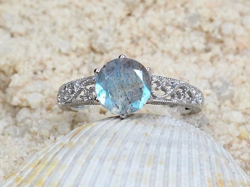 Labradorite Engagement Ring Antique Vintage Filigre Milgrain Polymnia Round 2ct 8mm White-Yellow-Rose Gold-10k-14k-18k-Platinum BellaMoreDesign.com