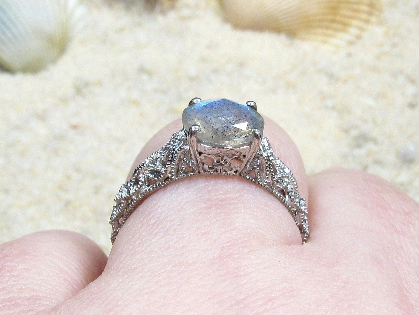 Labradorite Vintage Engagement Ring Antique Style Prong Filigree Round Andromeda 2cts 8mm Custom White-Yellow-Rose Gold-10k-14k-18k-Platinum BellaMoreDesign.com