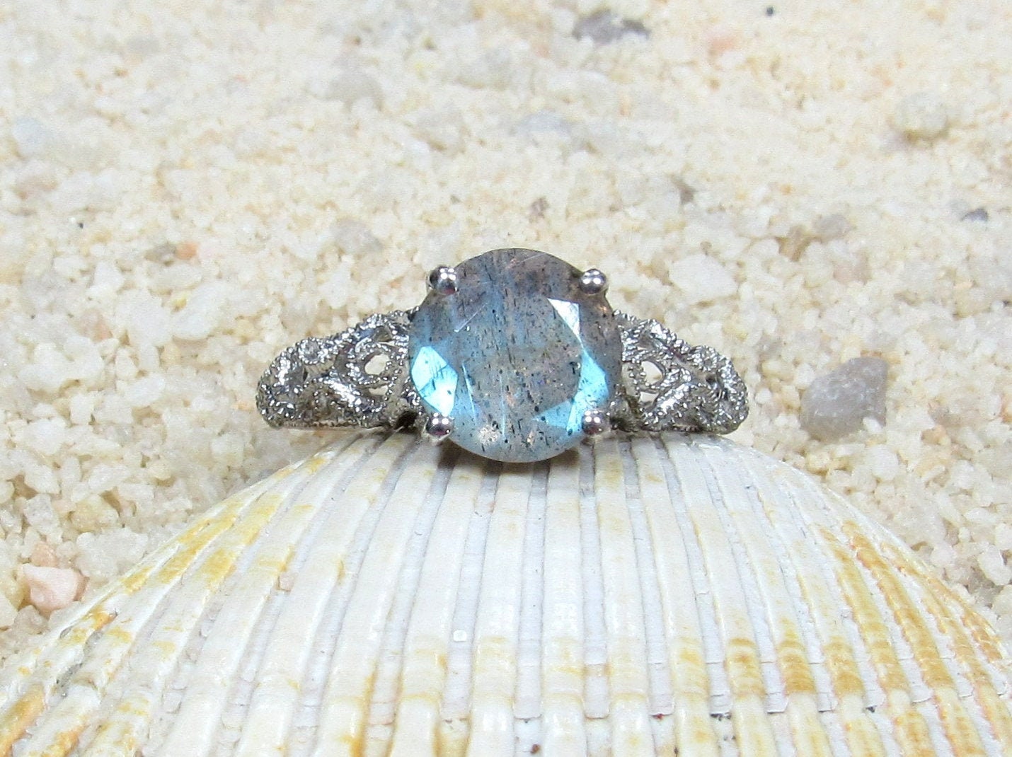 Labradorite Vintage Engagement Ring Antique Style Prong Filigree Round Andromeda 2cts 8mm Custom White-Yellow-Rose Gold-10k-14k-18k-Platinum BellaMoreDesign.com