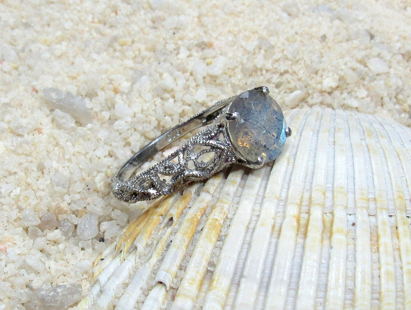 Labradorite Vintage Engagement Ring Antique Style Prong Filigree Round Andromeda 2cts 8mm Custom White-Yellow-Rose Gold-10k-14k-18k-Platinum BellaMoreDesign.com