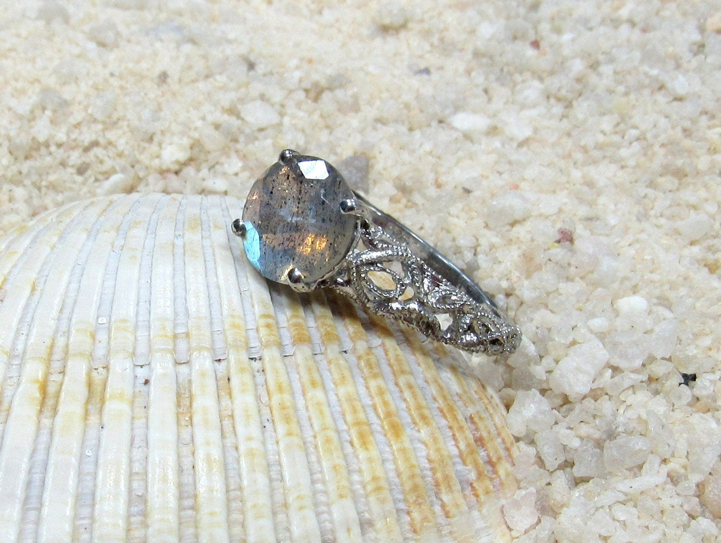 Labradorite Vintage Engagement Ring Antique Style Prong Filigree Round Andromeda 2cts 8mm Custom White-Yellow-Rose Gold-10k-14k-18k-Platinum BellaMoreDesign.com
