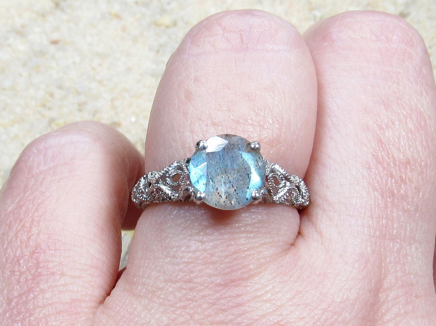Labradorite Vintage Engagement Ring Antique Style Prong Filigree Round Andromeda 2cts 8mm Custom White-Yellow-Rose Gold-10k-14k-18k-Platinum BellaMoreDesign.com