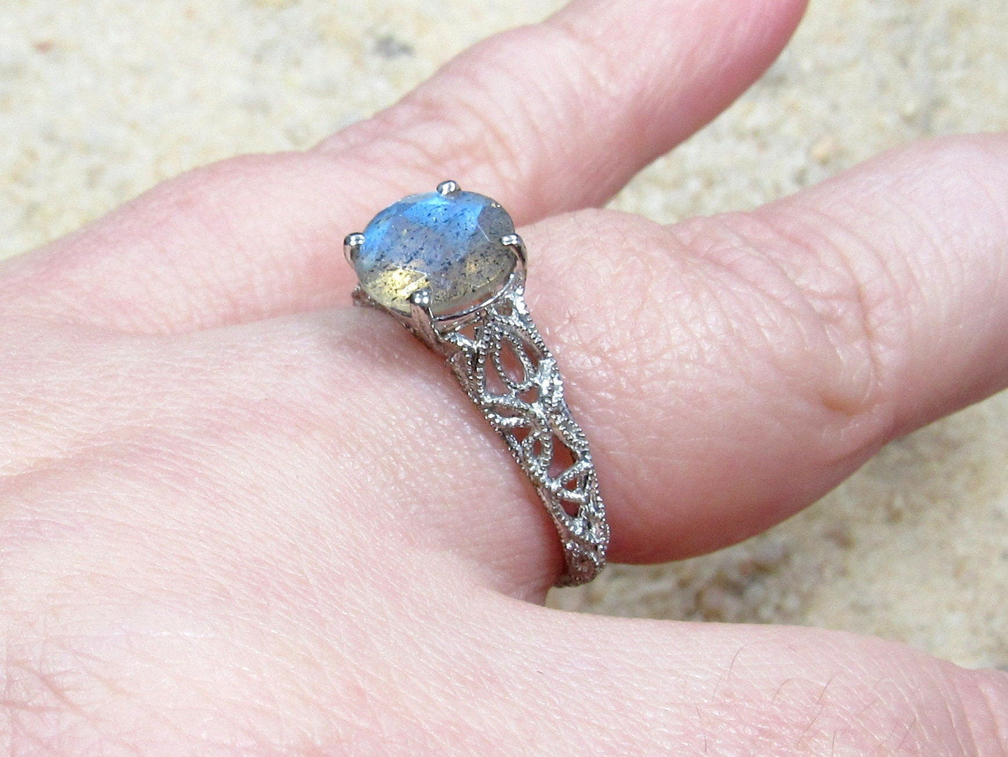 Labradorite Vintage Engagement Ring Antique Style Prong Filigree Round Andromeda 2cts 8mm Custom White-Yellow-Rose Gold-10k-14k-18k-Platinum BellaMoreDesign.com